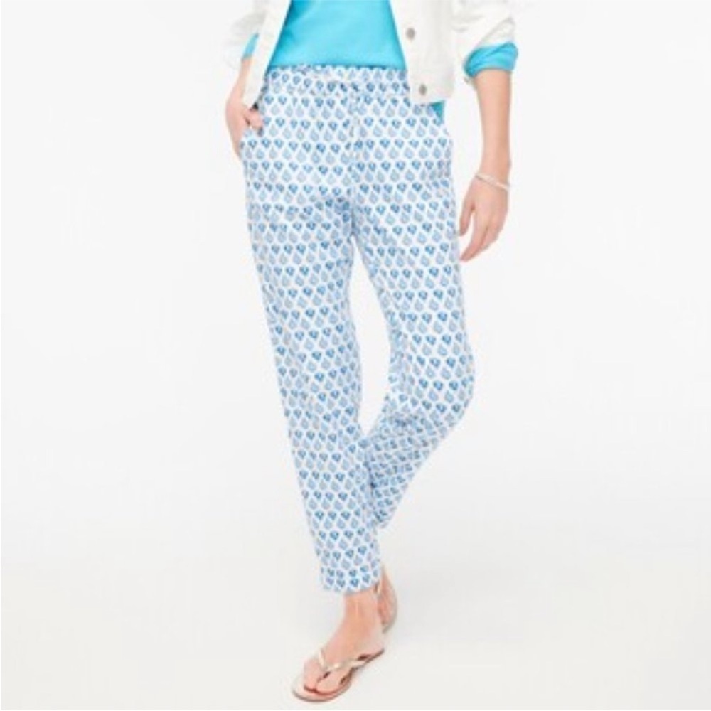J. Crew Linen Cotton Drawstring Block print easy pants Malibu blue & white NEW